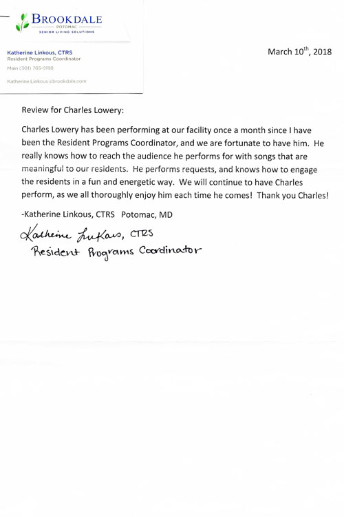 To Charlie Lowery from Brookdale