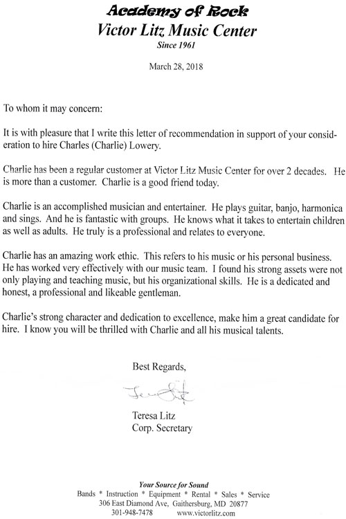 To Charlie Lowery from Victor Litz Music Center